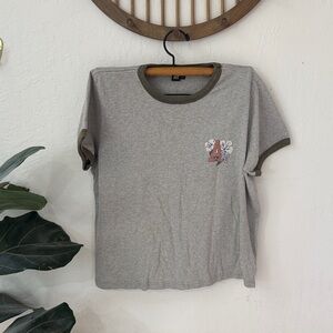 American Eagle Retro Stretch Baby Tee Hawaiian Floral Letter Spellout Size Large